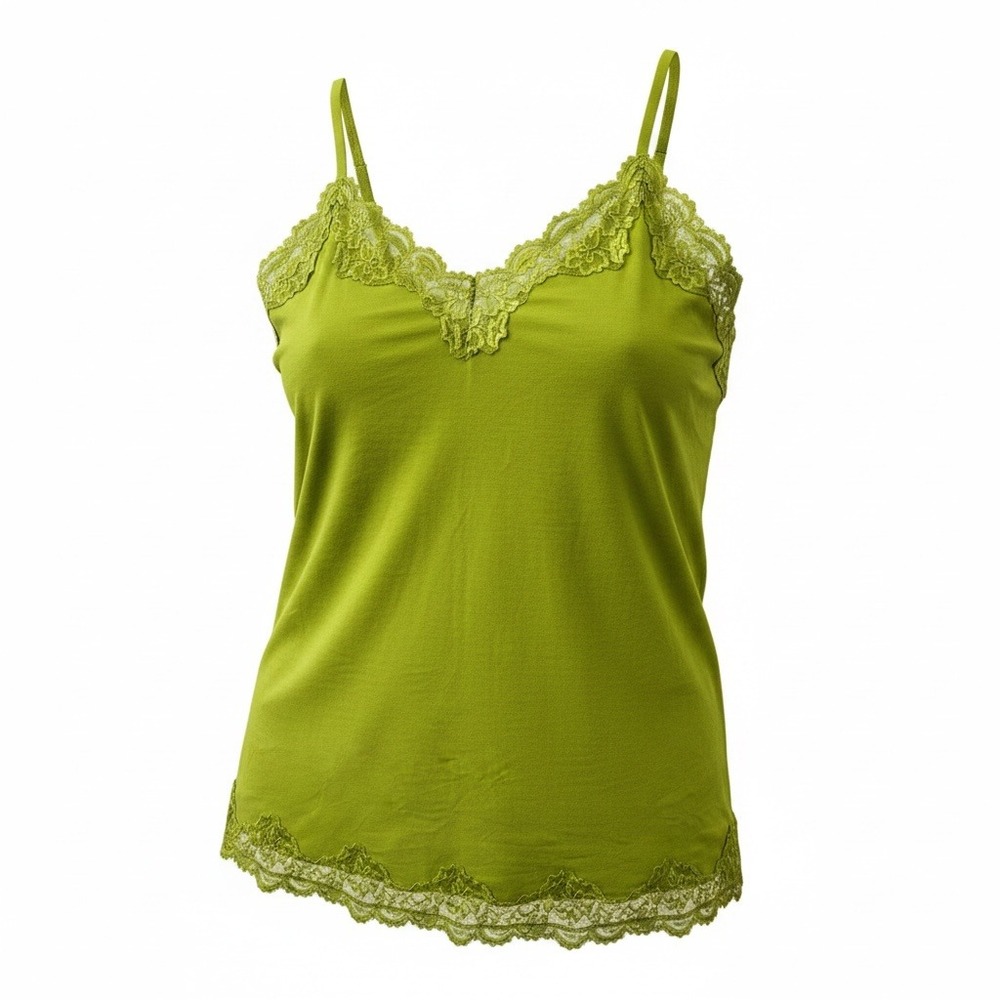Lane Bryant Cami Tank Women 22/24 Green Lace Trim Adjustable Strap Boho Romantic